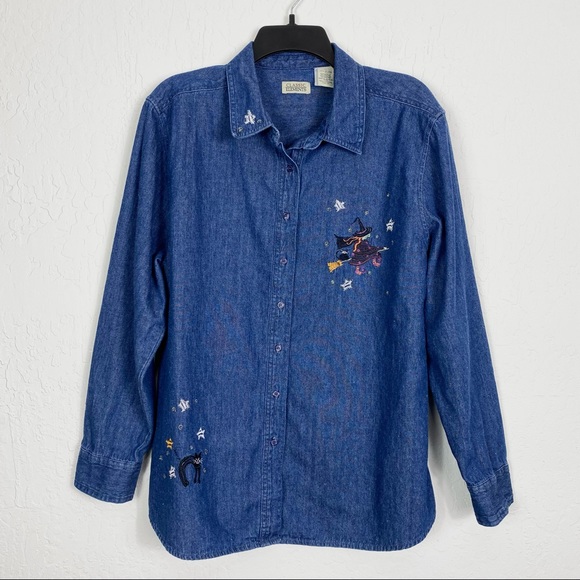 Vintage Denim Halloween Witch Embroidered Shirt